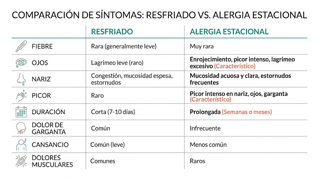 comparación de síntomas entre resfriado y alergia estacional